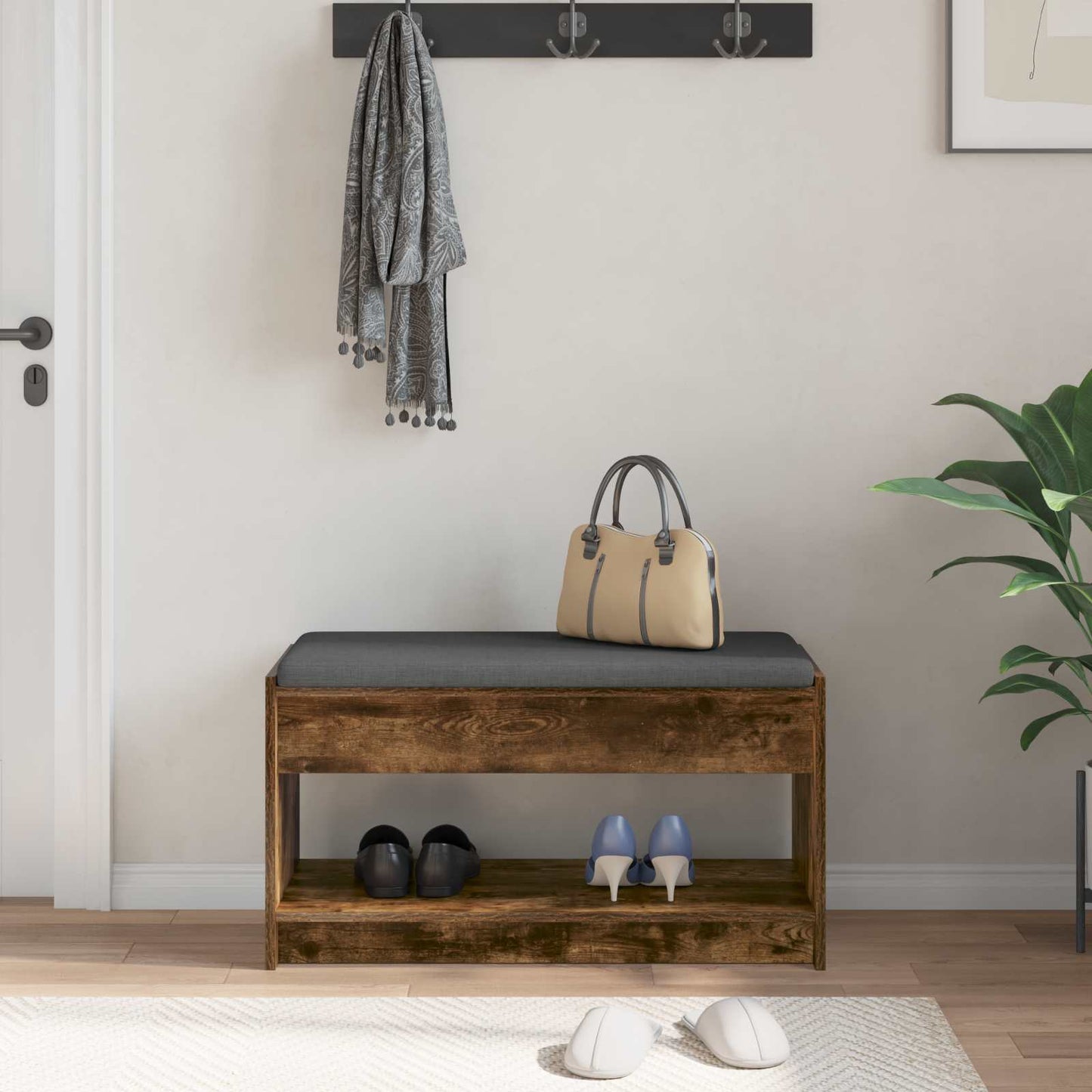 Hall Bench with Cushion with Shelf Smoked Oak 83 x 38 x 45 cm