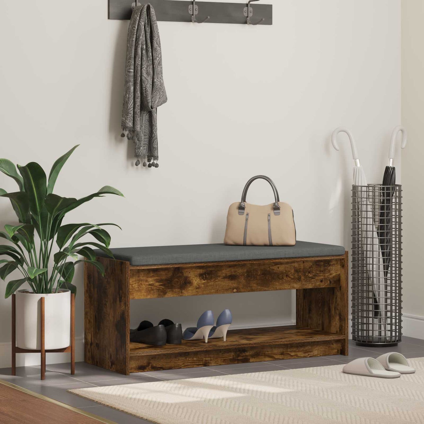 Hall Bench with Cushion with Shelf Smoked Oak 103 x 38 x 45 cm