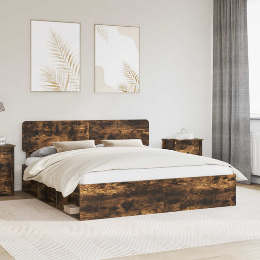 Bed Frame Smoked Oak 200 x 200 cm Solid Pine Wood