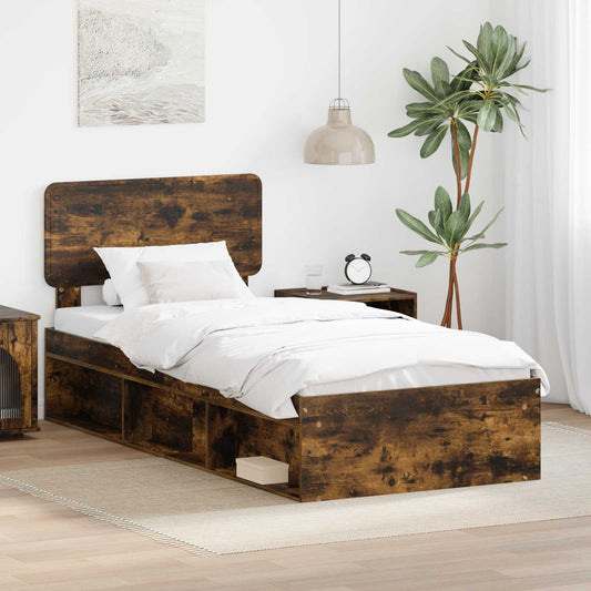Bed Frame with Headboard Smoked Oak 90 x 190 cm Solid Pine Wood