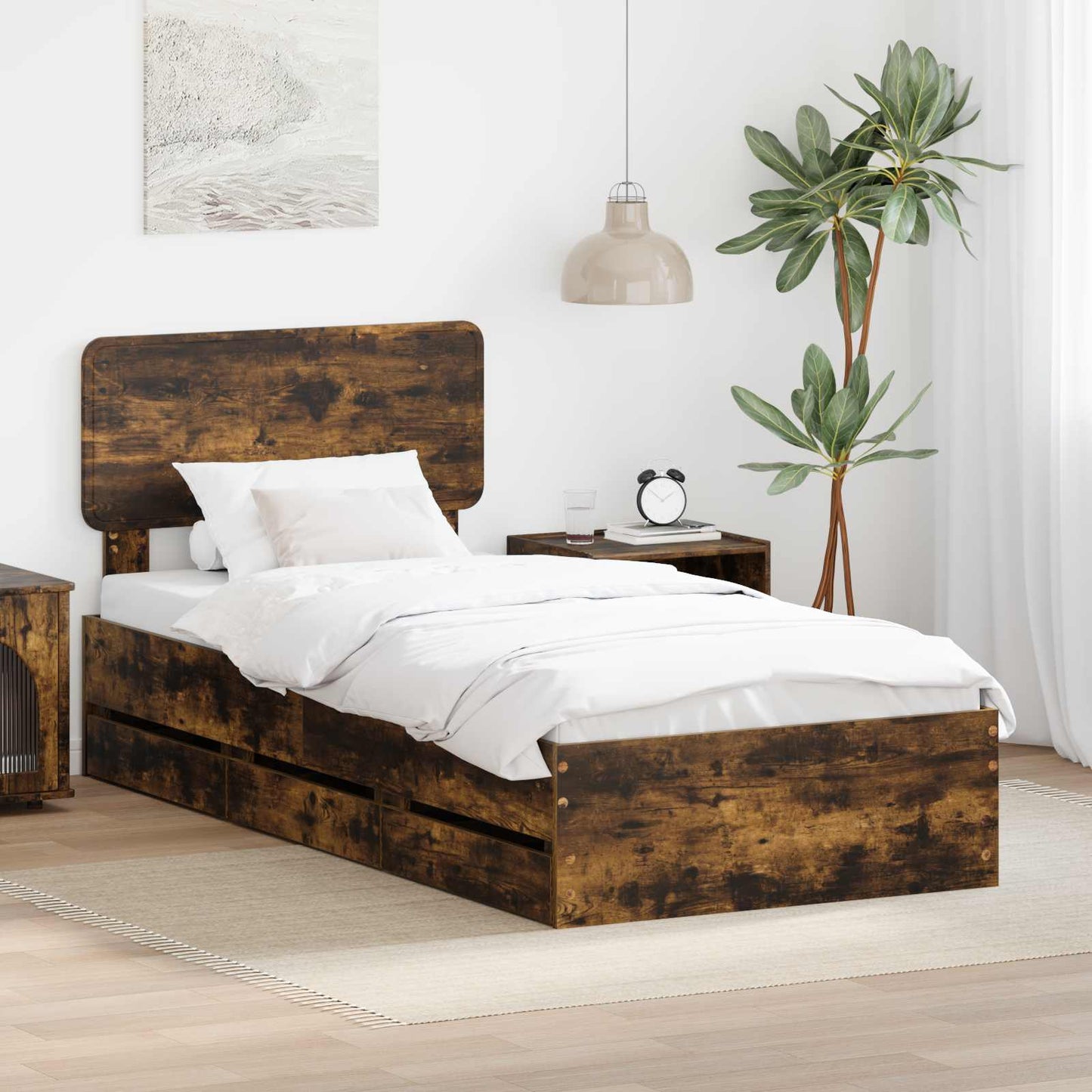 Bed Frame with Drawer Smoked Oak 90 x 200 cm Engineered Wood