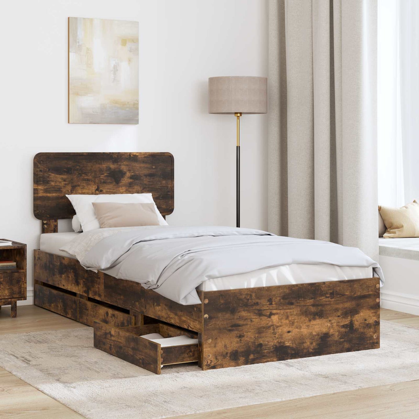 Bed Frame with Drawer Smoked Oak 90 x 200 cm Engineered Wood
