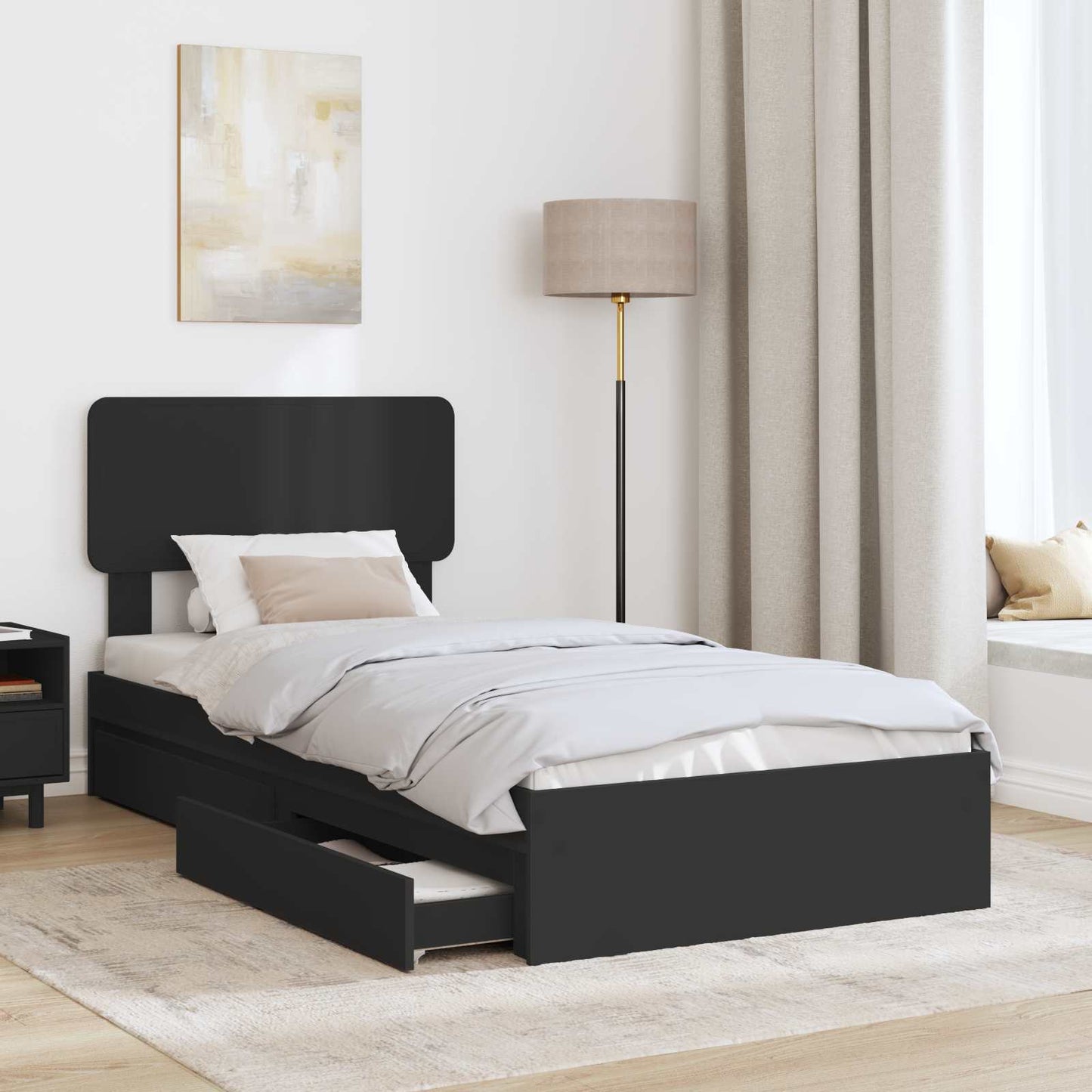 Storage Bed with Headboard Black 90 x 190 cm Engineered Wood