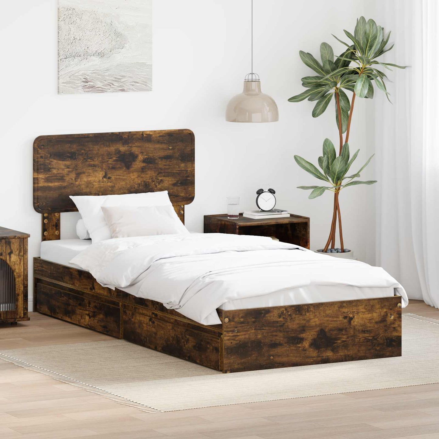 Storage Bed with Drawer Smoked Oak 90 x 190 cm Engineered Wood