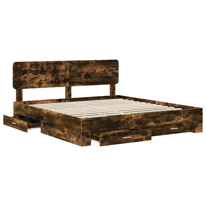 Bed Frame with Drawer Smoked Oak 200 x 200 cm Engineered Wood