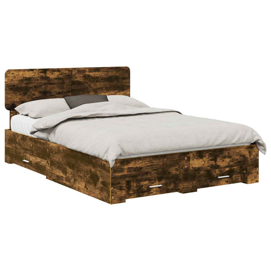 Bed Frame with Drawer Smoked Oak 140 x 200 cm Engineered Wood