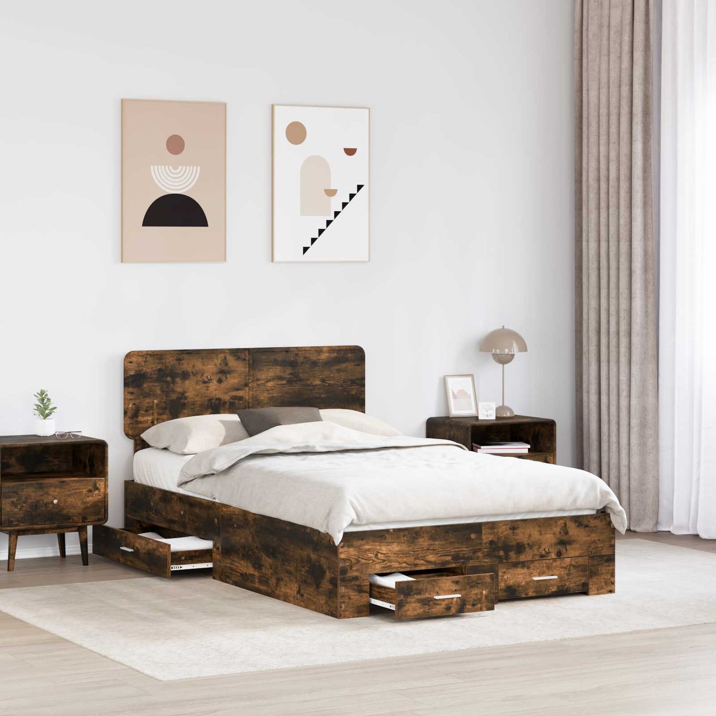 Bed Frame with Drawer Smoked Oak 135 x 190 cm Engineered Wood
