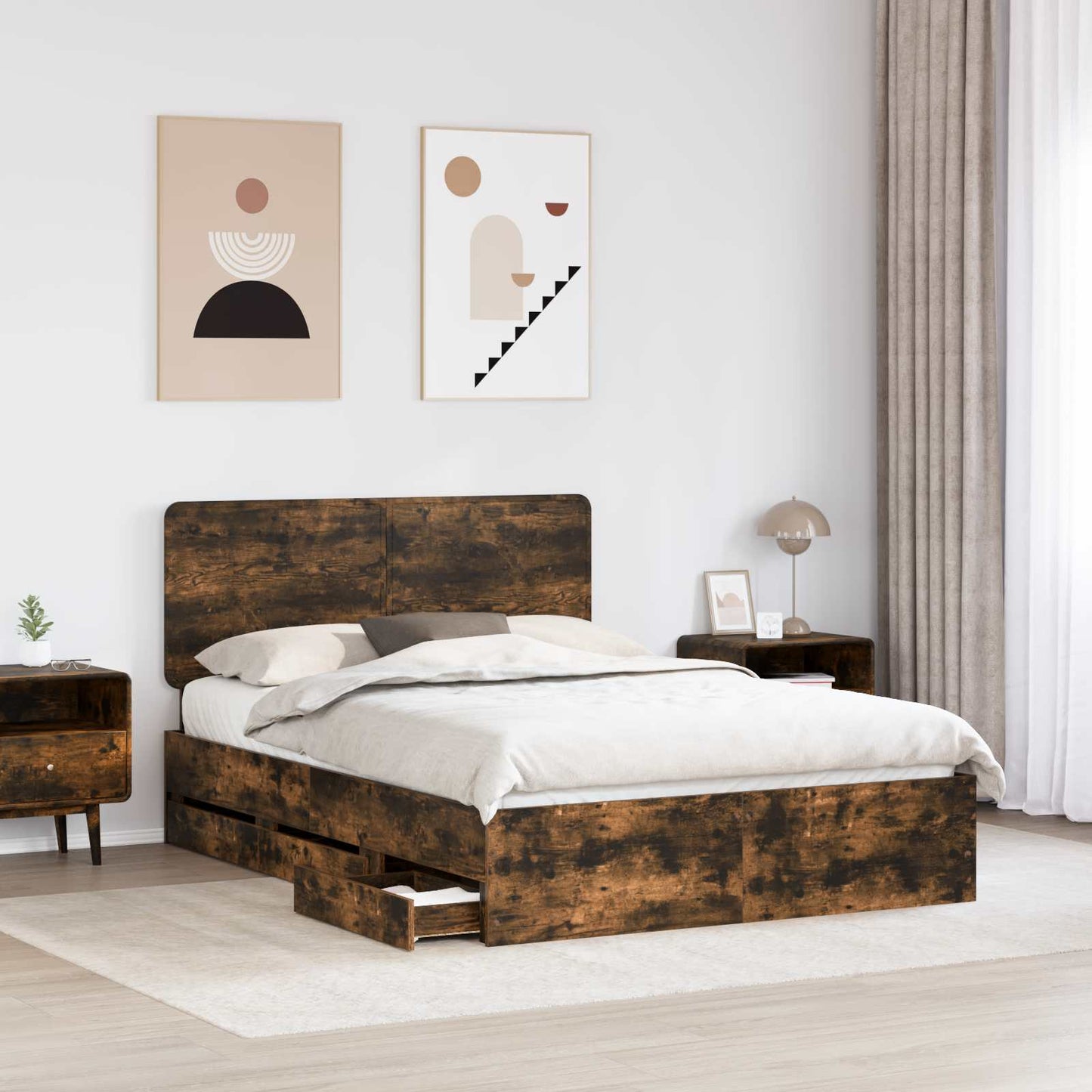Bed Frame with Drawer Smoked Oak 140 x 190 cm Engineer Wood
