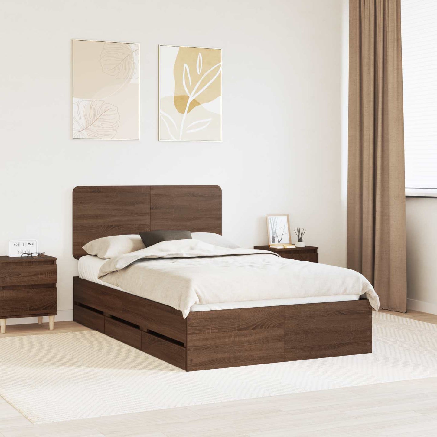 Bed Frame with Drawer Brown Oak 135 x 190 cm Engineer Wood