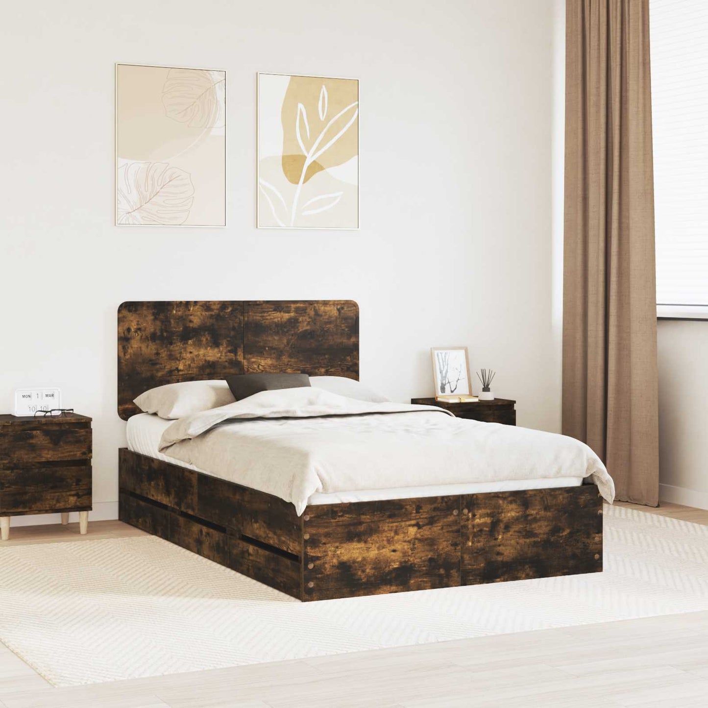 Bed Frame with Drawer Smoked Oak 120 x 190 cm Engineer Wood