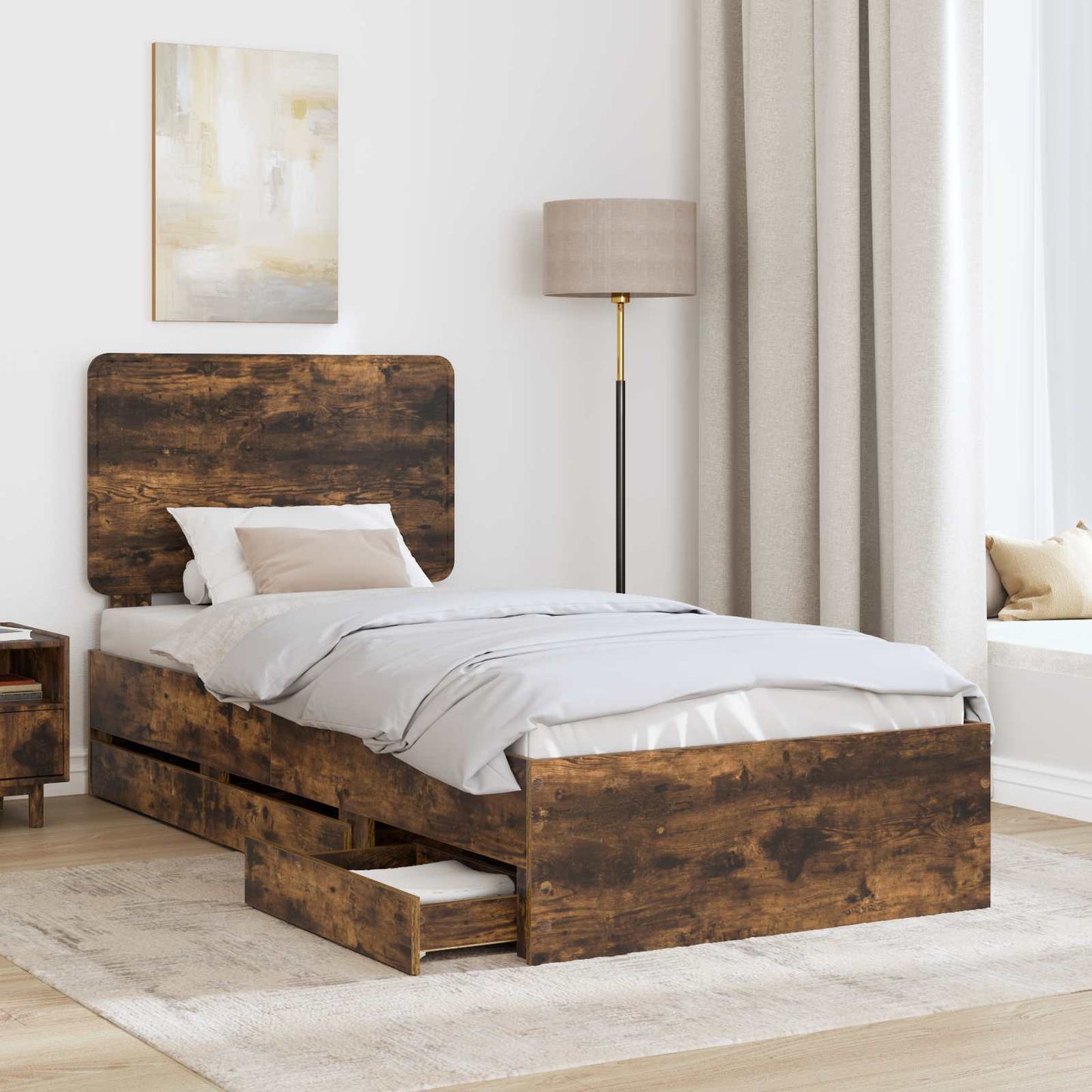 Bed Frame with Drawer Smoked Oak 90 x 200 cm Engineer Wood