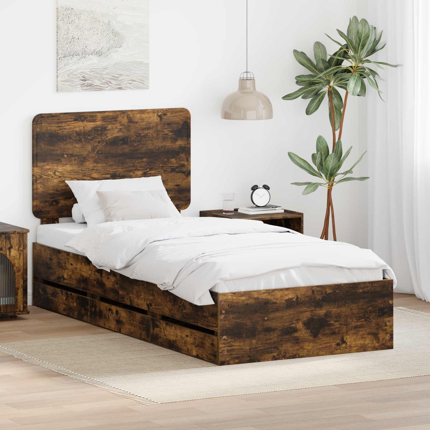 Bed Frame with Drawer Smoked Oak 75 x 190 cm Engineer Wood