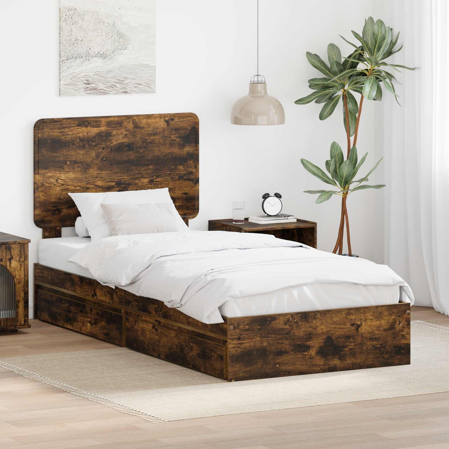 Storage Bed with Drawer Smoked Oak 100 x 200 cm Engineered Wood