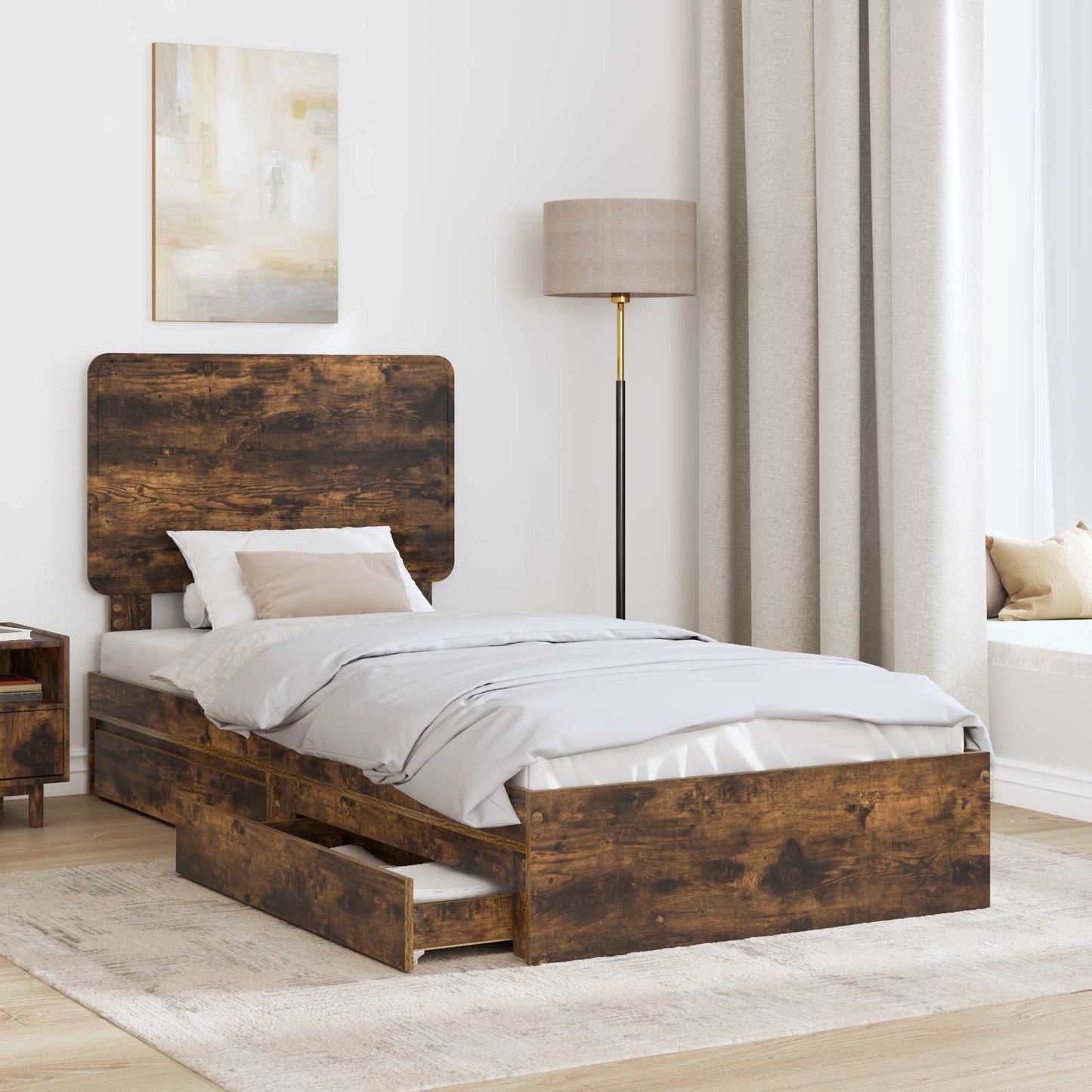 Storage Bed with Drawer Smoked Oak 75 x 190 cm Engineered Wood