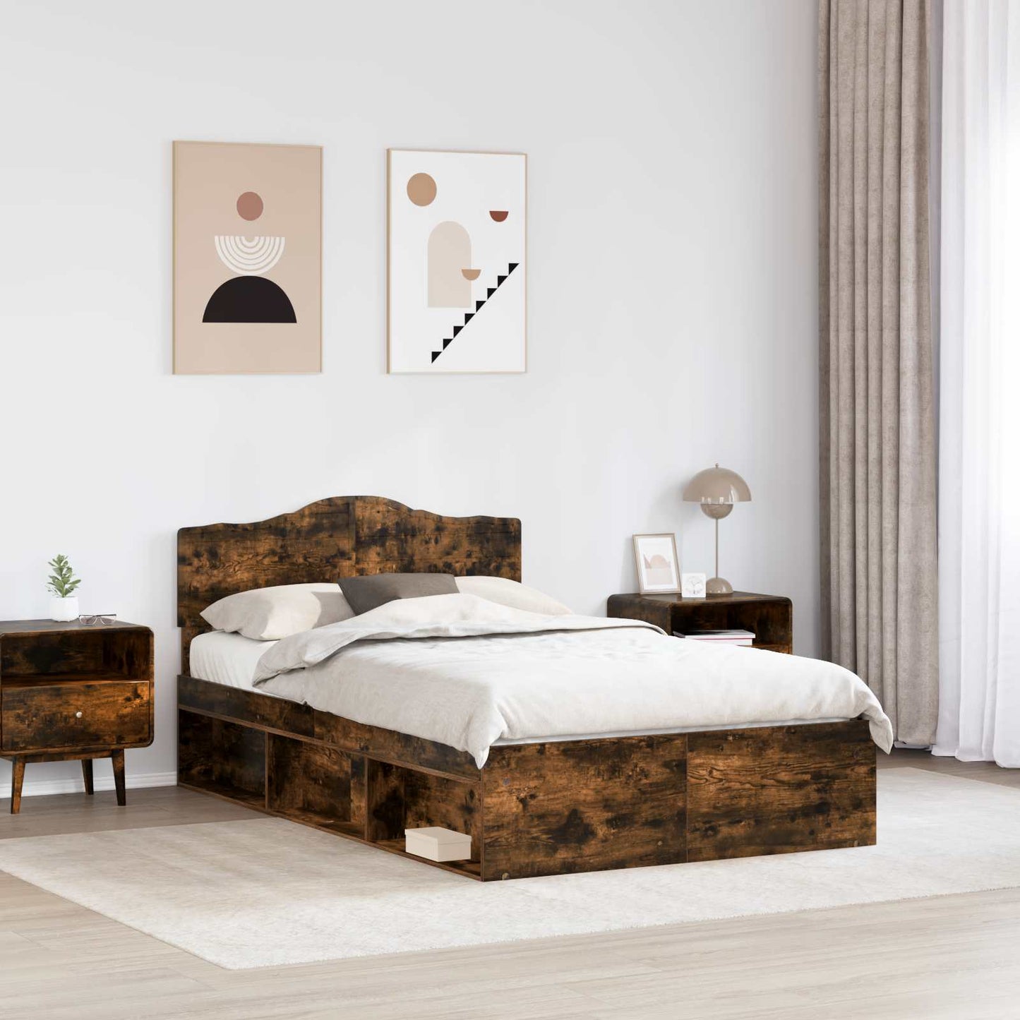 Bed Frame Smoked Oak 135 x 190 cm Solid Pine Wood