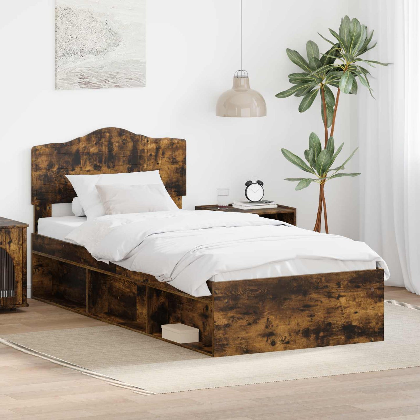 Bed Frame with Headboard Smoked Oak 90 x 190 cm Solid Pine Wood
