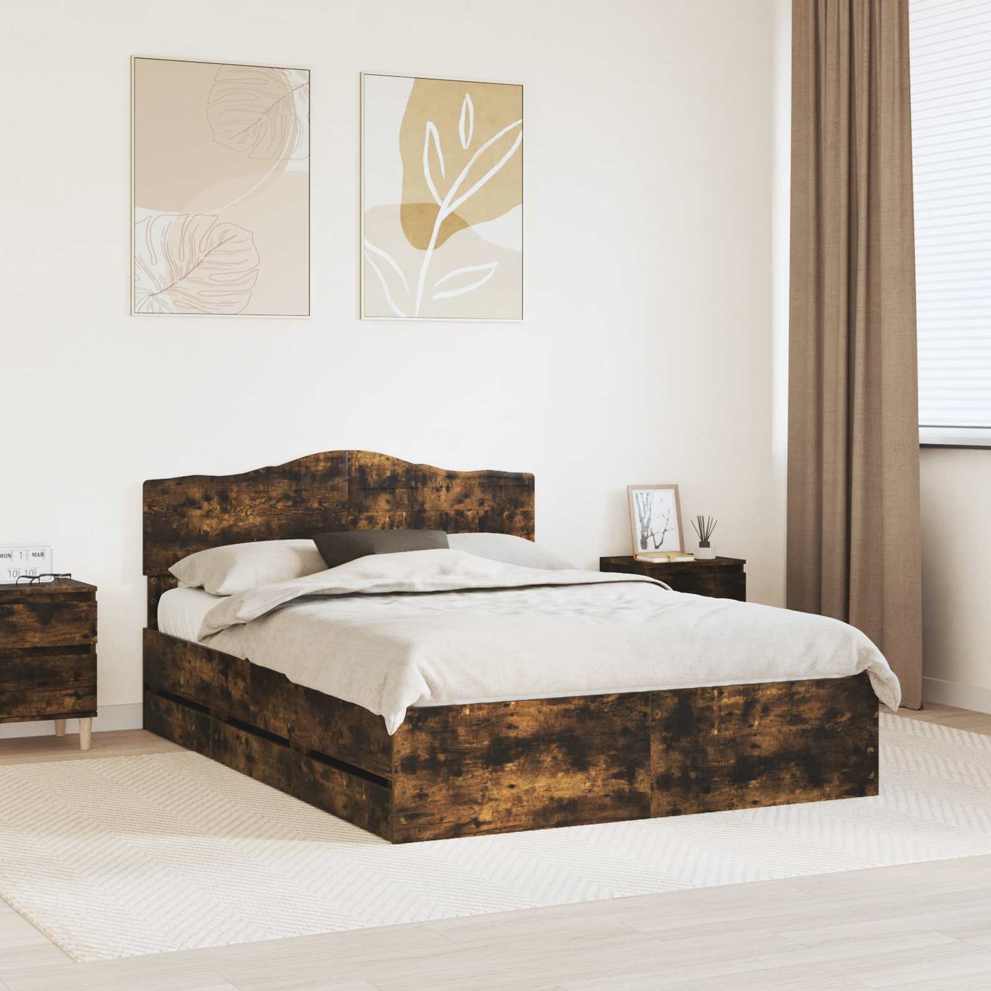Bed Frame with Drawer Smoked Oak 140 x 200 cm Engineer Wood