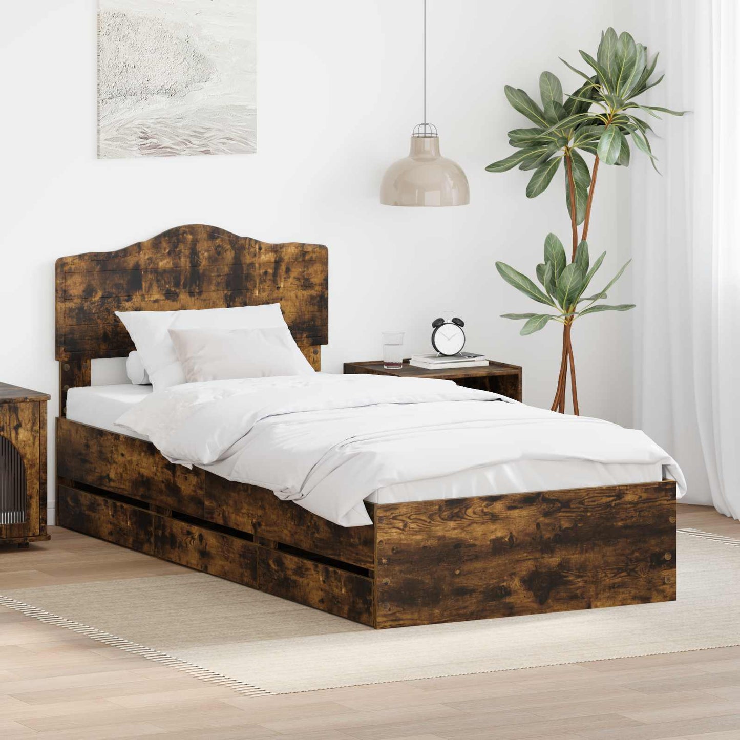 Bed Frame with Drawer Smoked Oak 100 x 200 cm Engineer Wood