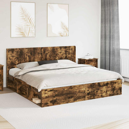 Bed Frame with Storage and Headboard Smoked Oak 180 x 200 cm