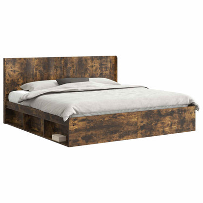 Bed Frame with Storage and Headboard Smoked Oak 180 x 200 cm