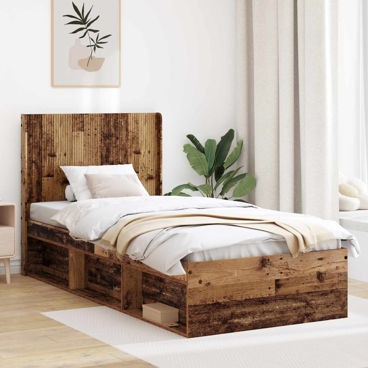 Bed Frame with Storage and Headboard Old Wood 100 x 200 cm