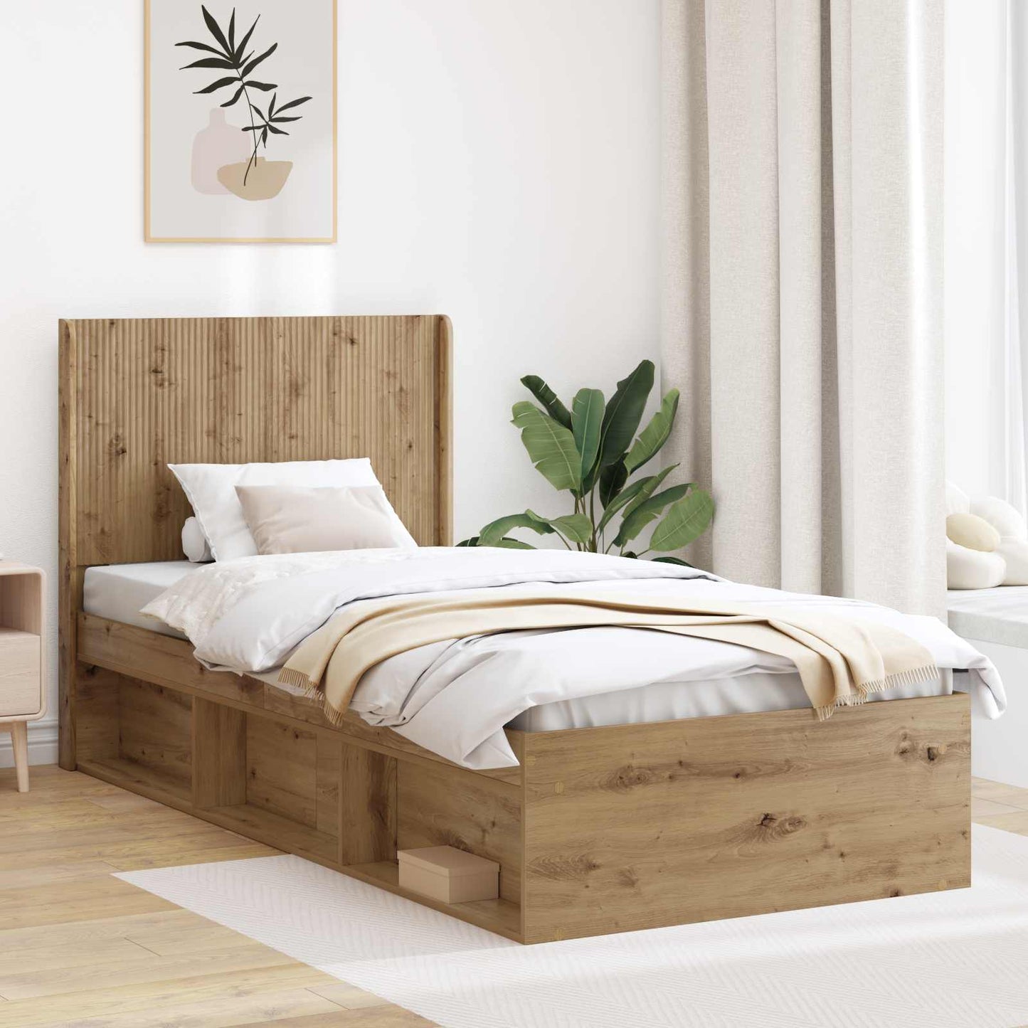 Bed Frame with Storage and Headboard Artisan Oak 90 x 200 cm