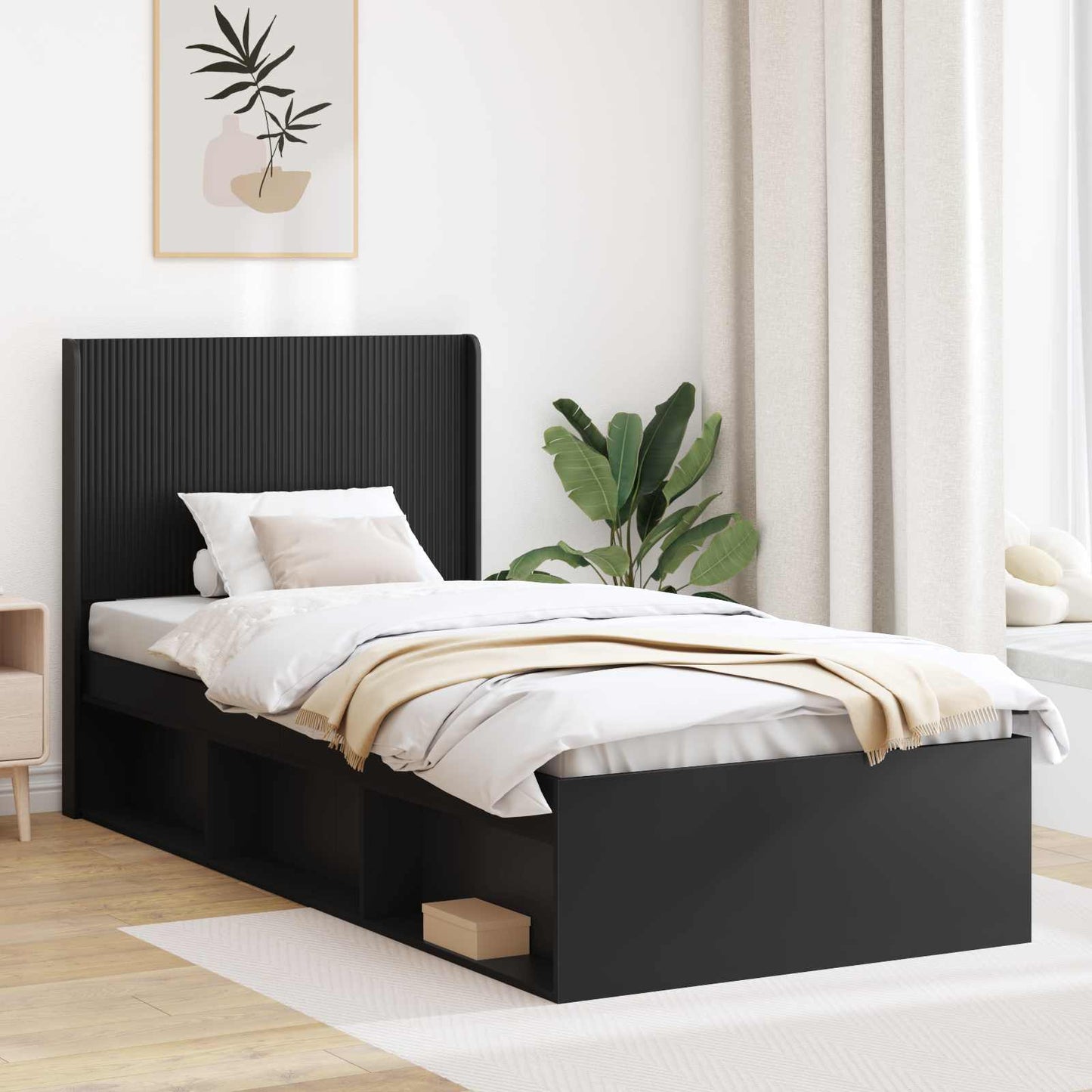 Bed Frame with Storage and Headboard Black 75 x 190 cm