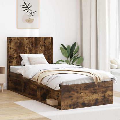 Bed Frame with Storage and Headboard Smoked Oak 75 x 190 cm