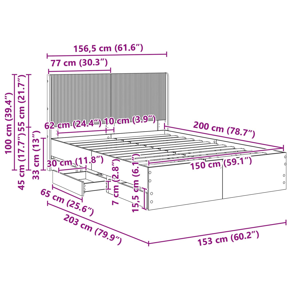 Bed Frame with Storage and Headboard Black 150 x 200 cm