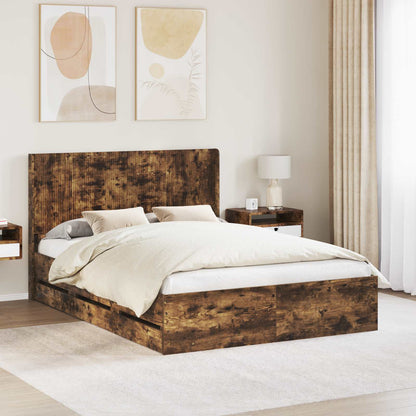 Bed Frame with Storage and Headboard Smoked Oak 150 x 200 cm