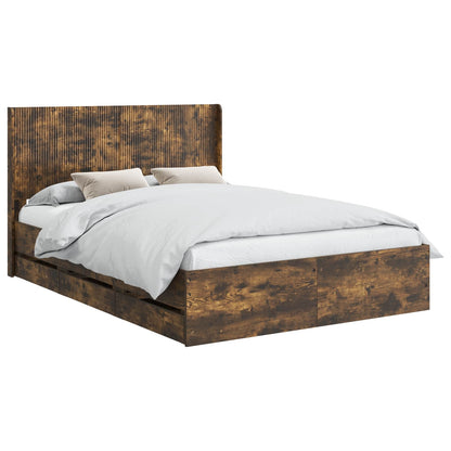 Bed Frame with Storage and Headboard Smoked Oak 140 x 190 cm