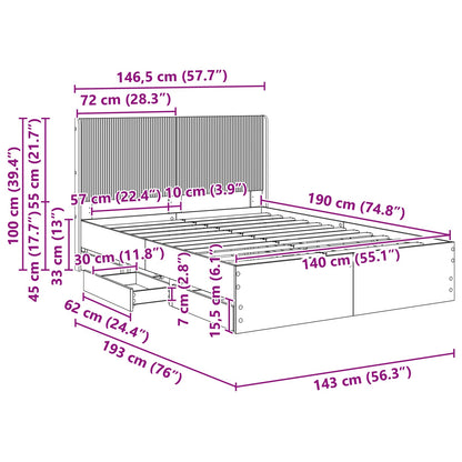 Bed Frame with Storage and Headboard Smoked Oak 140 x 190 cm