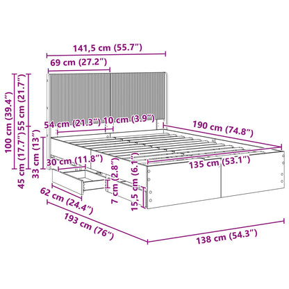 Bed Frame with Storage and Headboard Smoked Oak 135 x 190 cm