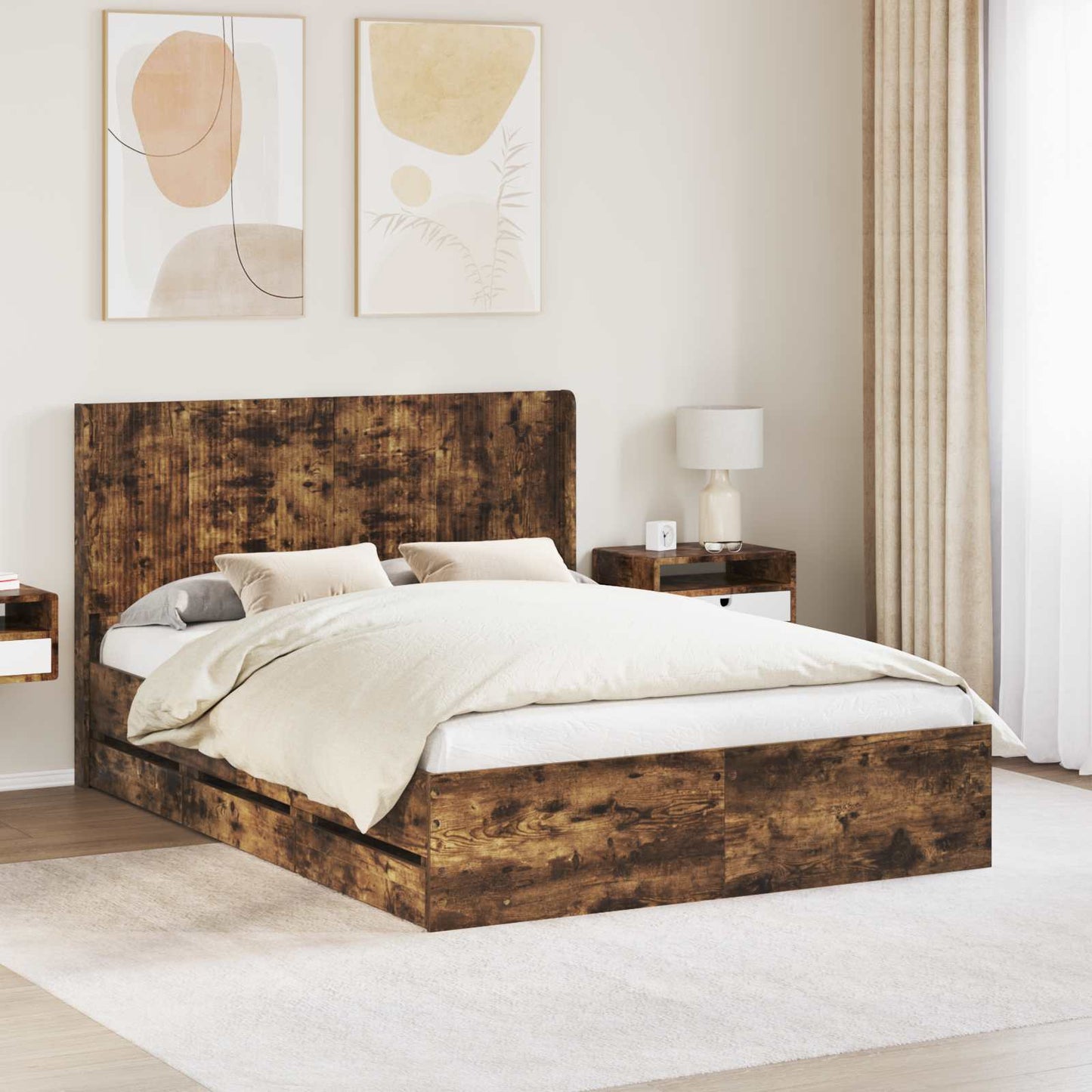Bed Frame with Storage and Headboard Smoked Oak 120 x 190 cm