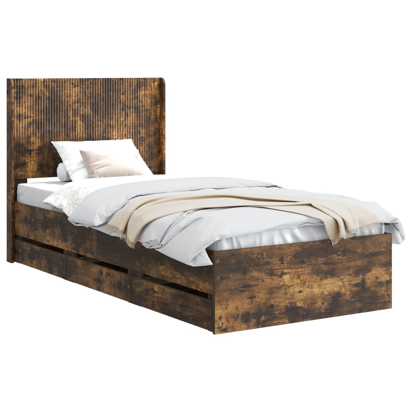 Bed Frame with Storage and Headboard Smoked Oak 90 x 190 cm