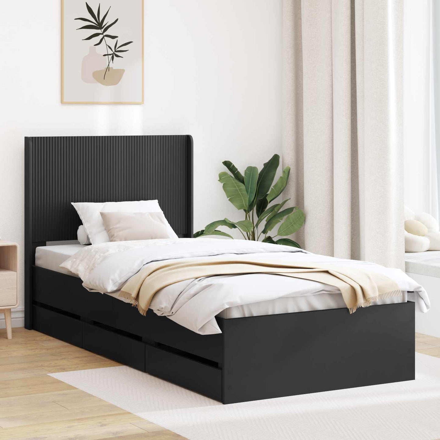 Bed Frame with Storage and Headboard Black 75 x 190 cm