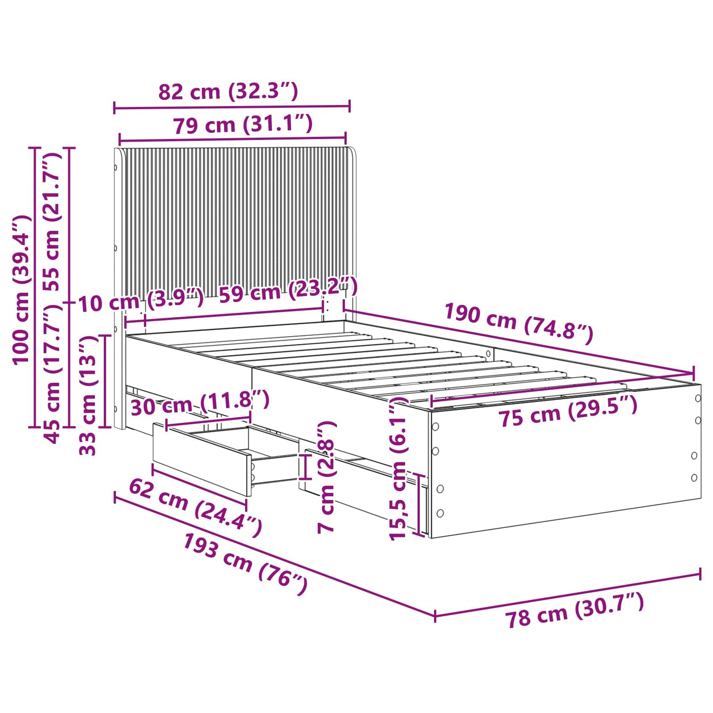 Bed Frame with Storage and Headboard Black 75 x 190 cm
