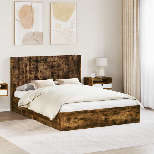 Bed Frame with Storage and Headboard Smoked Oak 135 x 190 cm