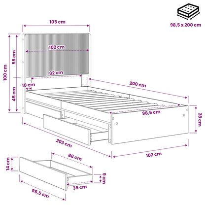 Bed Frame with Storage and Headboard Smoked Oak 100 x 200 cm