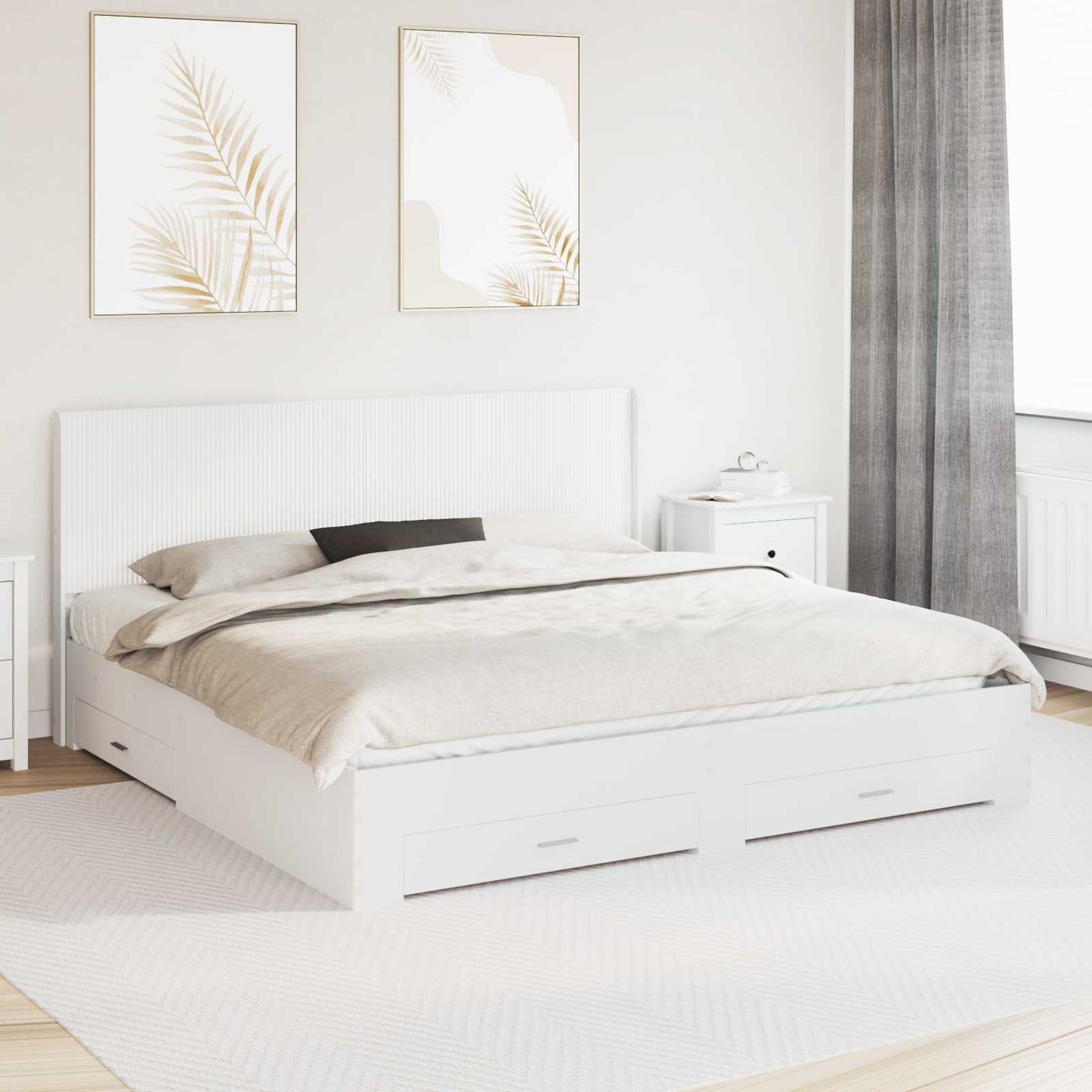 Bed Frame with Storage and Headboard White Engineered Wood