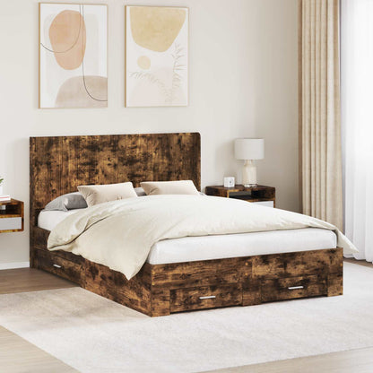 Bed Frame with Storage and Headboard Smoked Oak Engineered Wood