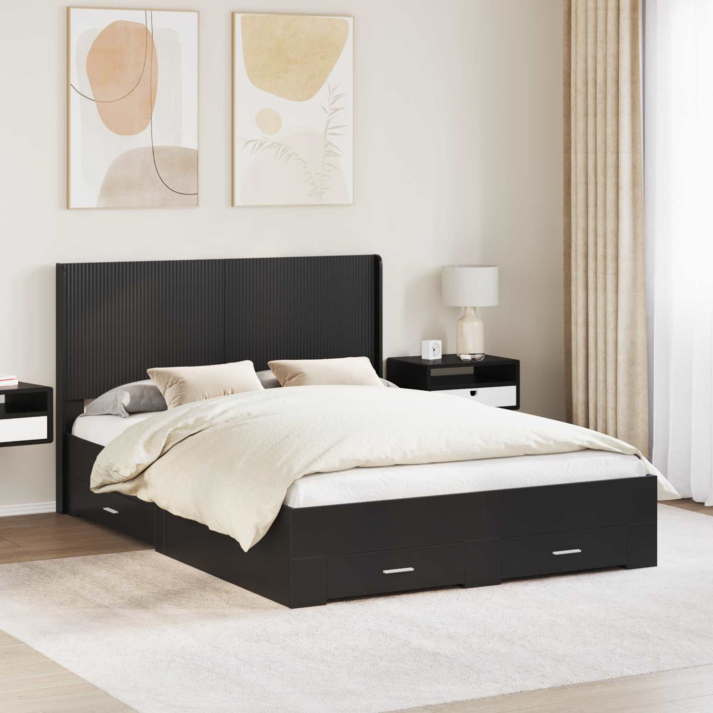 Bed Frame with Storage and Headboard Black 135 x 190 cm