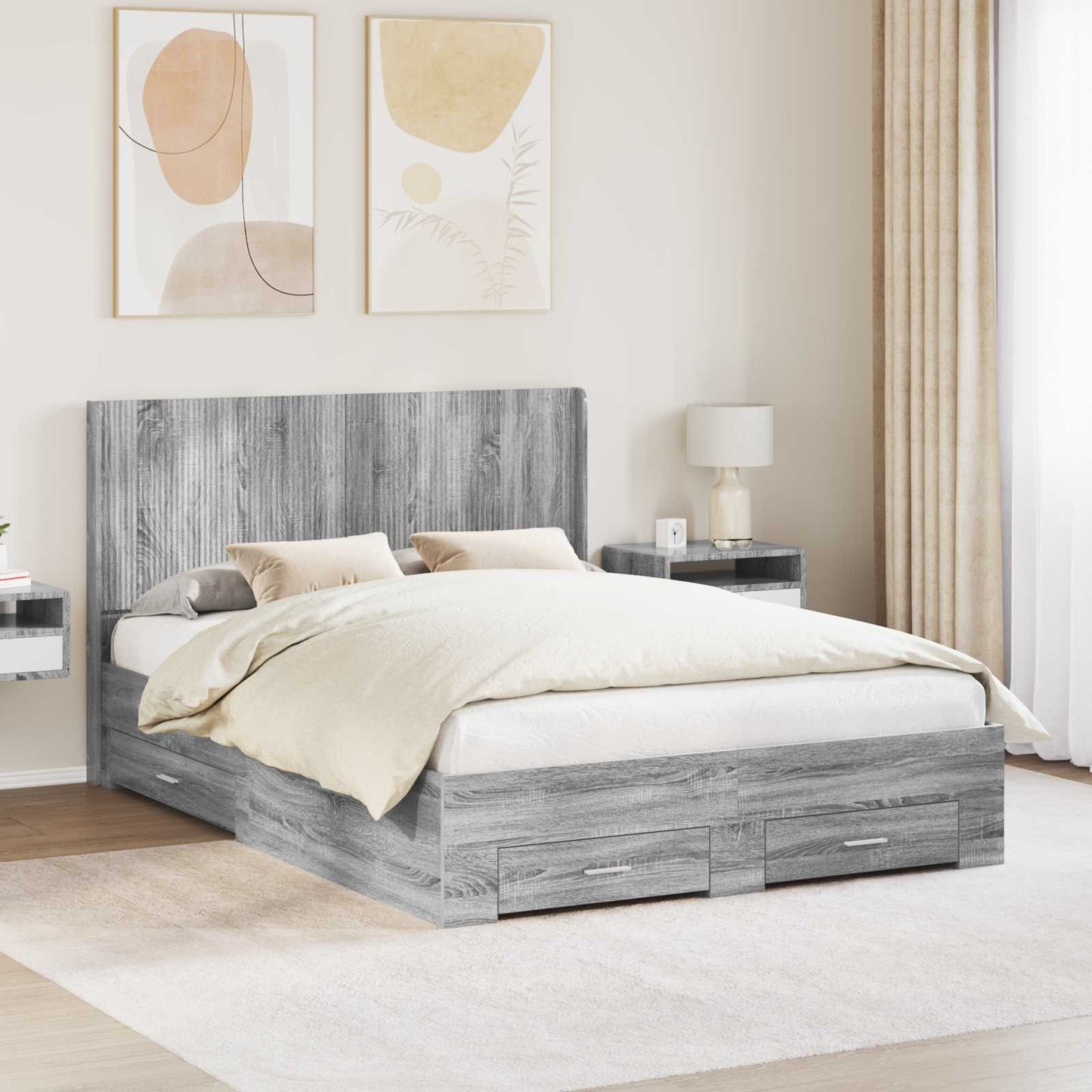 Bed Frame with Storage and Headboard Grey Sonoma