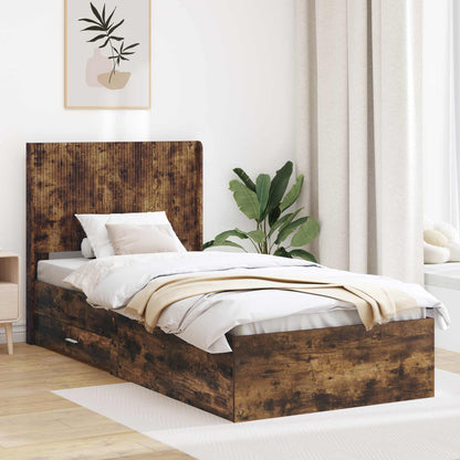 Bed Frame with Storage and Headboard Smoked Oak 90 x 190 cm
