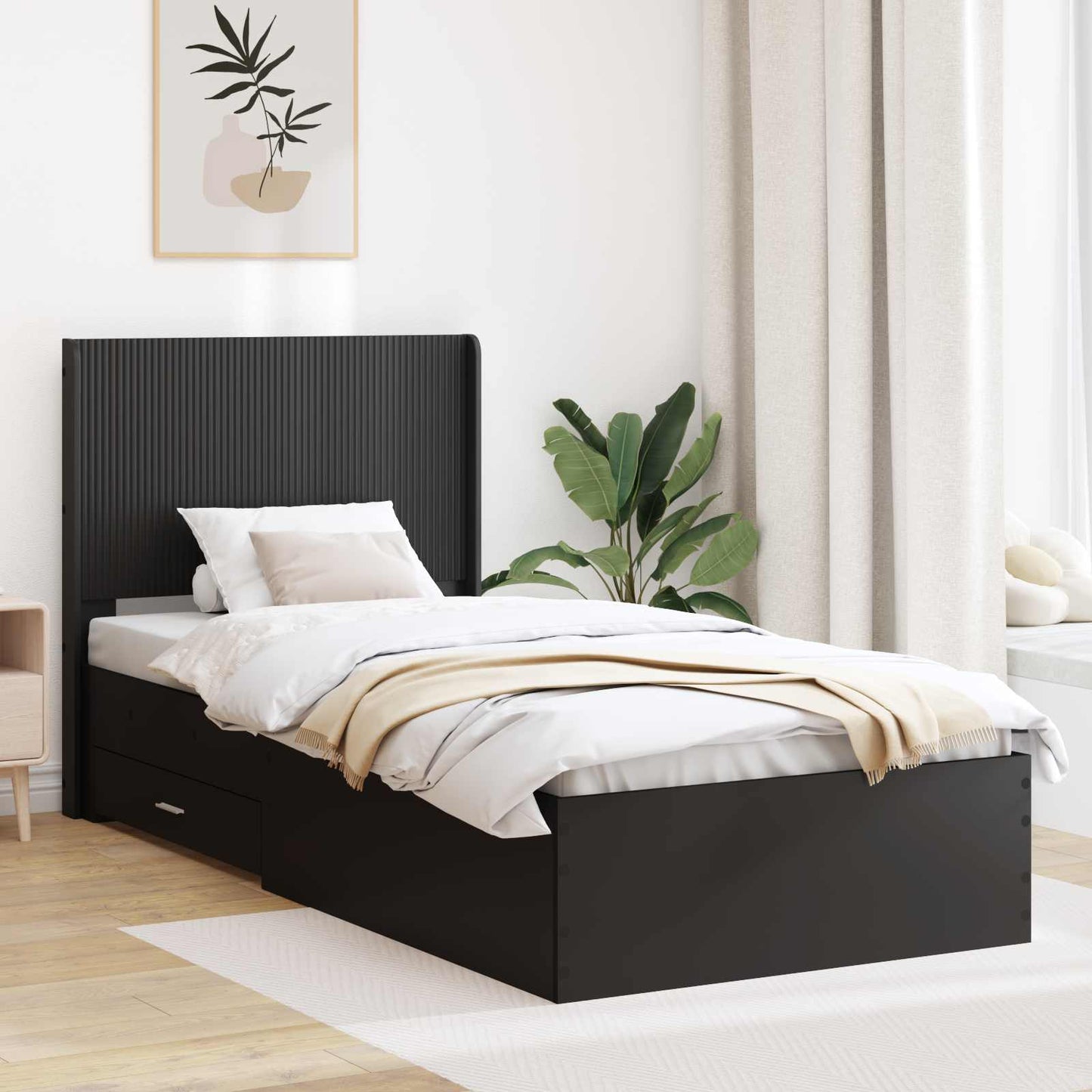 Bed Frame with Storage and Headboard Black 75 x 190 cm