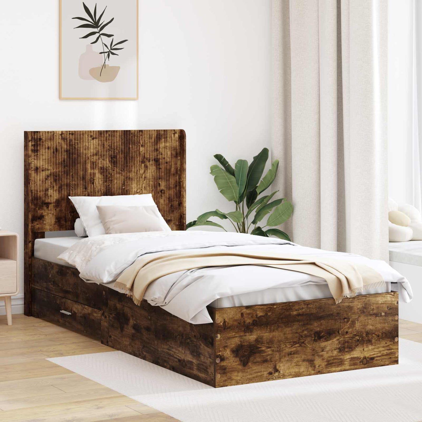 Bed Frame with Storage and Headboard Smoked Oak 75 x 190 cm
