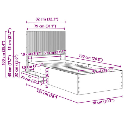 Bed Frame with Storage and Headboard Smoked Oak 75 x 190 cm
