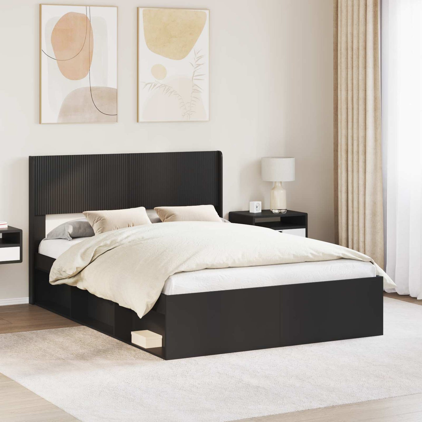Bed Frame with Storage and Headboard Black 150 x 200 cm