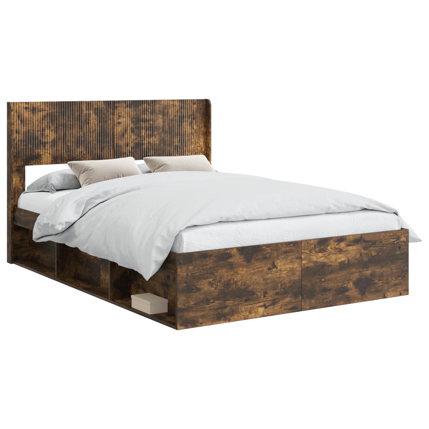 Bed Frame with Storage and Headboard Smoked Oak 140 x 190 cm