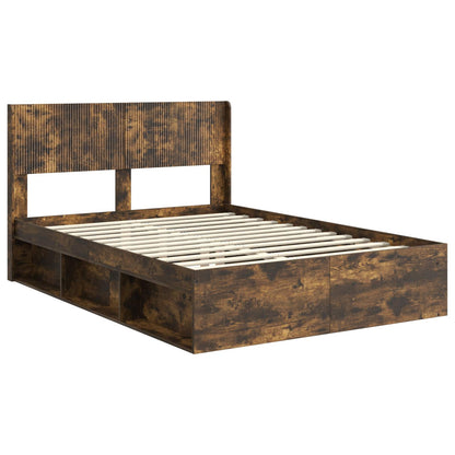 Bed Frame with Storage and Headboard Smoked Oak 140 x 190 cm